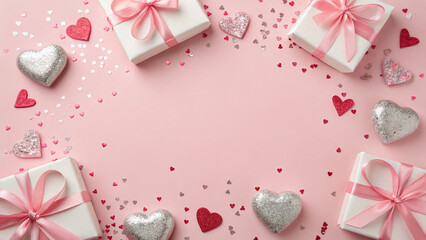 st valentine's day decorations white gift boxes with bows pink ribbon silver hearts sequins and heart shaped confetti on isolated pastel pink background with copyspace in the middle