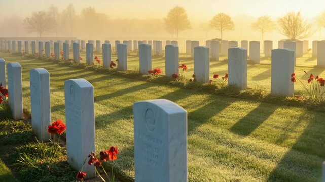 Memorial cemetery with rows of headstones and red flowers at sunrise, honoring fallen soldiers