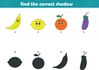 Funny cartoon fruits. Find the correct shadow. Kids Education games. Cartoon vector illustration