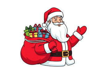 Christmas Santa Claus illustration with a sack full of presents, waving happily during the festive season