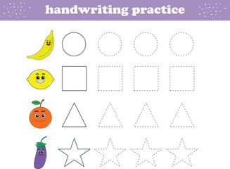 Handwriting Practice. Tracing lines of different shape for kids with fruits. Vector Illustration