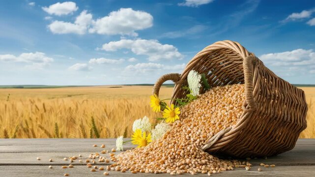 Basket spilling wheat kernels on wooden table with field and sky background