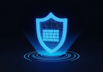 A glowing blue shield with a grid pattern and a matrix of rectangles on a dark background with circles