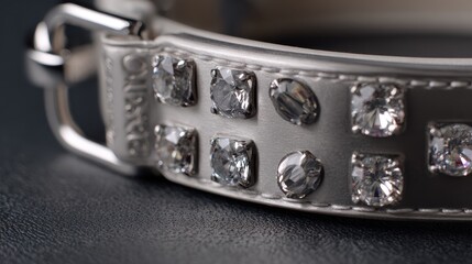 Macro shot of diamond-studded pet collar with elegant sparkle, Luxury velvet dog collar with gemstone details in soft lighting, Close-up of high-end pet accessory, leather and crystal design, luxury p
