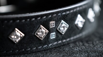 Macro shot of diamond-studded pet collar with elegant sparkle, Luxury velvet dog collar with gemstone details in soft lighting, Close-up of high-end pet accessory, leather and crystal design, luxury p