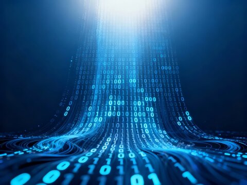Digital binary code flowing in a futuristic tunnel with glowing blue light effects