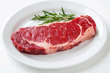 Fototapeta premium A large, juicy steak with a rich, red color and a well-marbled texture, served on a white plate with a sprig of rosemary on top.