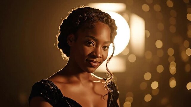 Young Woman With Braided Hair Smiling In A Sparkly Black Dress Under Warm Golden Lights With Bokeh Background