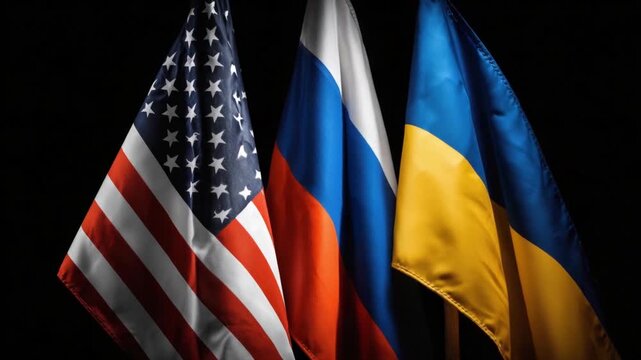 Flags of Ukraine, Russia, and the USA are displayed together, highlighting the complex dynamics of war, conflict, and the pursuit of a truce in the region