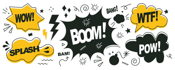 Comic book sound effects and speech bubble doodles. Playful pop art text elements with Pow, Boom, Wow, Splash and Wtf expressions. Dynamic anime manga style icons with lightning bolts, sparks effects