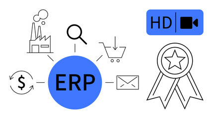 ERP at the center with icons for factory, magnifying glass, shopping cart, envelope, money cycle, HD video, and ribbon badge. Ideal for business, management planning e-commerce optimization