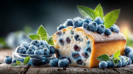 Delicious blueberry loaf cake topped with fresh blueberries and mint leaves sits on rustic wooden table, creating tempting and flavorful scene