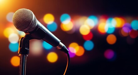 Obraz premium A microphone on stage with colorful bokeh lights in the background for a concert or performance event