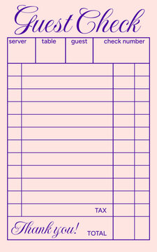 Vintage Guest Check Form. Pink Restaurant Receipt Template.