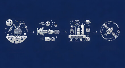 Modern space exploration journey from lunar base to satellite construction for technology advancement in clean, minimalist graphic design concept