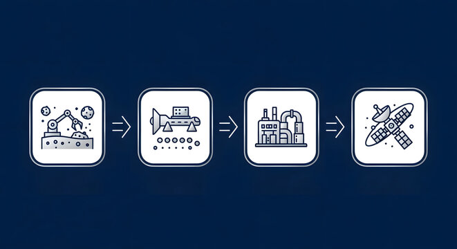 Blueprint for space exploration showing a systematic approach from mining to processing and finally satellite deployment in a visual journey