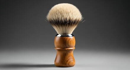 Luxurious traditional shaving brush with classic wooden handle and natural bristles on a neutral background.