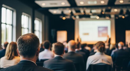 A focused conference audience observes a presentation on a projected screen