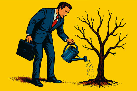 businessman watering a leafless, dying tree, representing wasted effort, poor investment, or failed growth. Generative ai raster colorful pop art illustration.