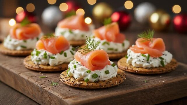 A festive tray of smoked salmon canap&eacute;s topped with herbed cream cheese and dill sits against warm holiday lights and decorative ornaments