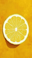 A close-up, top-down view of a vibrant yellow lemon slice, showcasing its juicy segments and white pith, set against a textured, bright yellow background with a