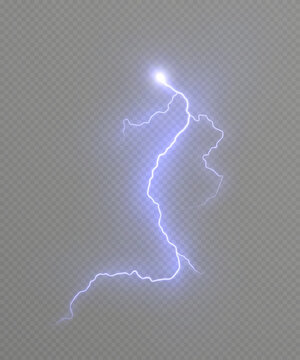 Realistic blue lightning with bright electric glow on a transparent background. Effect for superimposing an energetic lightning discharge for weather scenes, magic spells, and game effects.