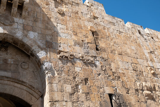 The lion-like figures - stone carvings on the Lions' Gate in Jerusalem, the start point of the Via Dolorosa