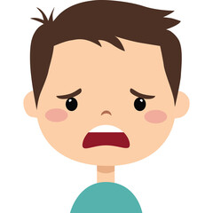 Cartoon illustration of a young boy with brown hair and blue shirt expressing distress with wide open mouth and sad eyes on a transparent background