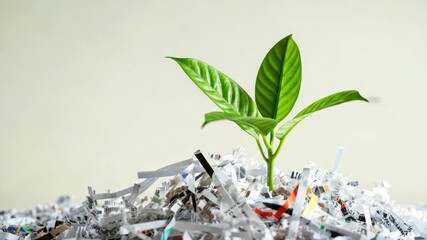 Green plant growing from shredded paper, symbolizing recycling and environmental sustainability - Powered by Adobe