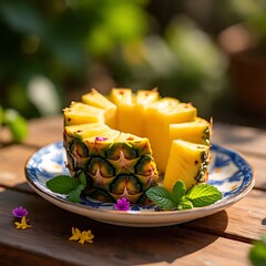 Freshly sliced pineapple on plate with mint and colorful flowers