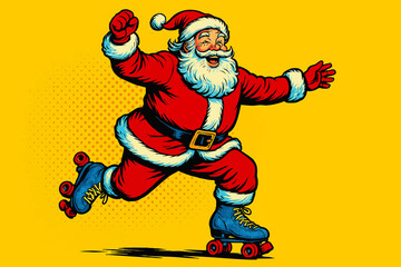 Naklejka premium Santa Claus joyfully roller skating on blue skates, blending holiday cheer with fun and motion. Generative ai raster colorful pop art illustration.
