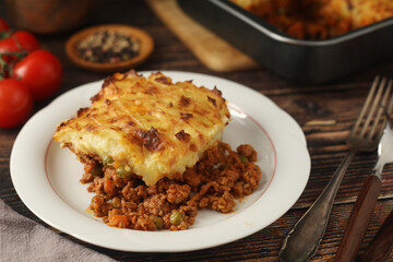 A shepherd's pie, freshly backed and ready to be served. Traditional English dish	