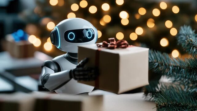 Charming AI robot beside a decorated Christmas tree holds a wrapped gift as glowing blue bokeh lights create a futuristic, festive scene blending tech and holiday cheer