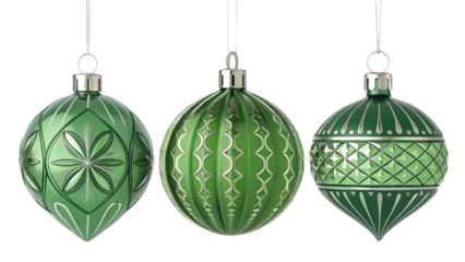 Three green glass Christmas ornaments isolated on transparent background
