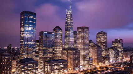 Rooftop view of glowing skyline under purple evening haze. Night view of skyscrapers in Manhattan skyline with purple sky.  