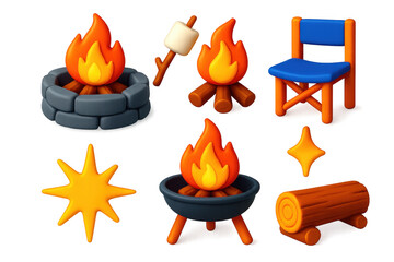 Collection of images of a campfire, a chair, and a log