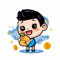 Cute boy happily holding a money bag, showing simple saving habits and cheerful financial motivation