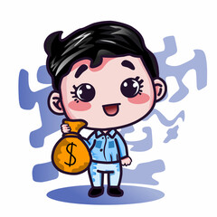 Cute chibi boy holding a money bag, showing simple wealth goals and positive financial motivation