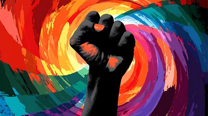 A raised fist silhouetted against a vibrant swirling rainbow colored background
