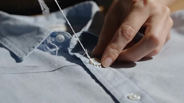 Close-up of hands sewing a button onto a light blue shirt, demonstrating a practical life skill and attention to detail.