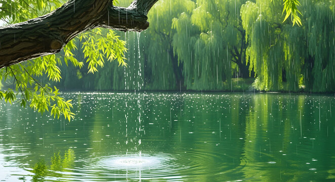 Water droplets create ripples on a tranquil green lake, framed by a leafy tree branch with lush willows in the background