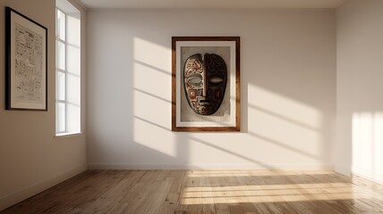 Sunlight illuminates a minimalist interior with framed art on a neutral wall
