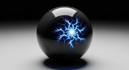 Dynamic energy sphere with electric blue sparks on a carbon fiber surface representing innovation, technology, power, and futuristic concepts