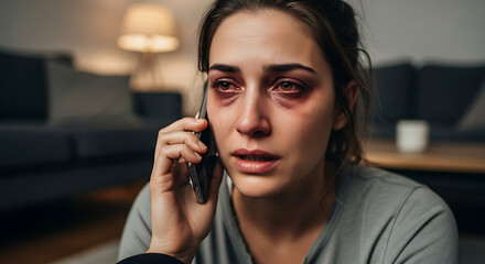 Caucasian woman tearful and seeking help via phone after traumatic experience, sitting on floor, intimate home environment, mental health