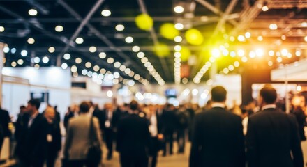 Fototapeta premium Blurred crowd at a conference or trade show with bright overhead lighting