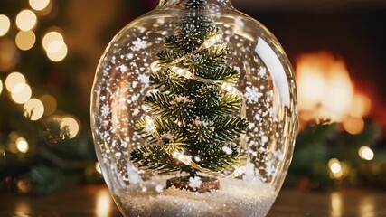 Festive Christmas tree inside glass globe with winter snow and warm festive lights - Powered by Adobe