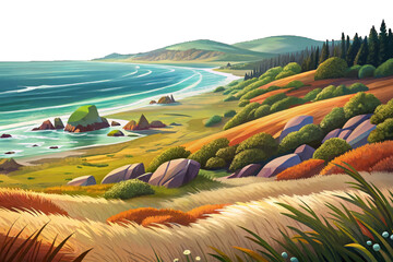 Redwood Coastal Prairie Grassy coastal with scattered edges, ocean winds and misty horizon landscape © Evan