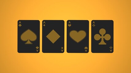 Playing cards. Four aces are turning on a yellow background. 4K animation
