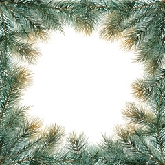 A square frame composed of evergreen pine branches, surrounding a blank white space.
