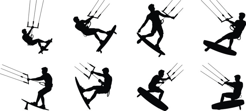 Silhouette Collection Of Kitesurfing Action Poses On White Background kiteboarding sport